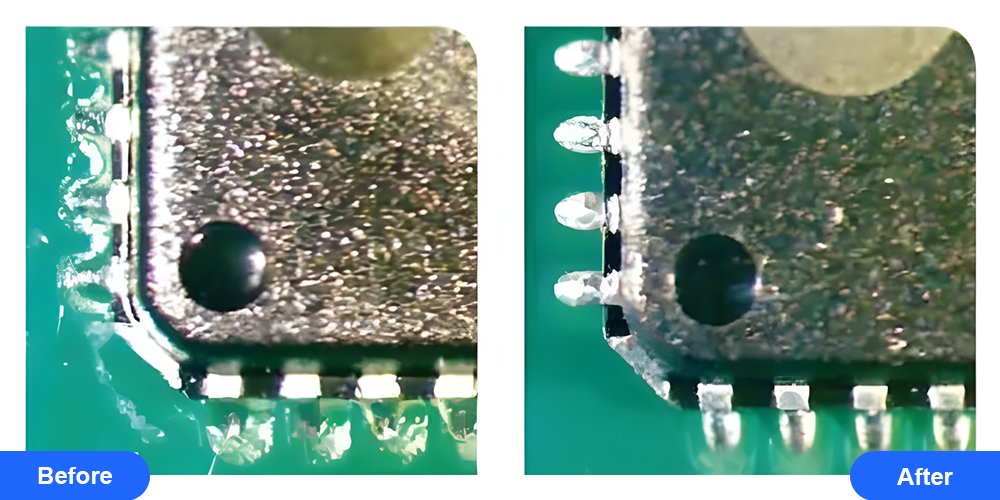 Comparison of before and after cleaning PCB flux on component 